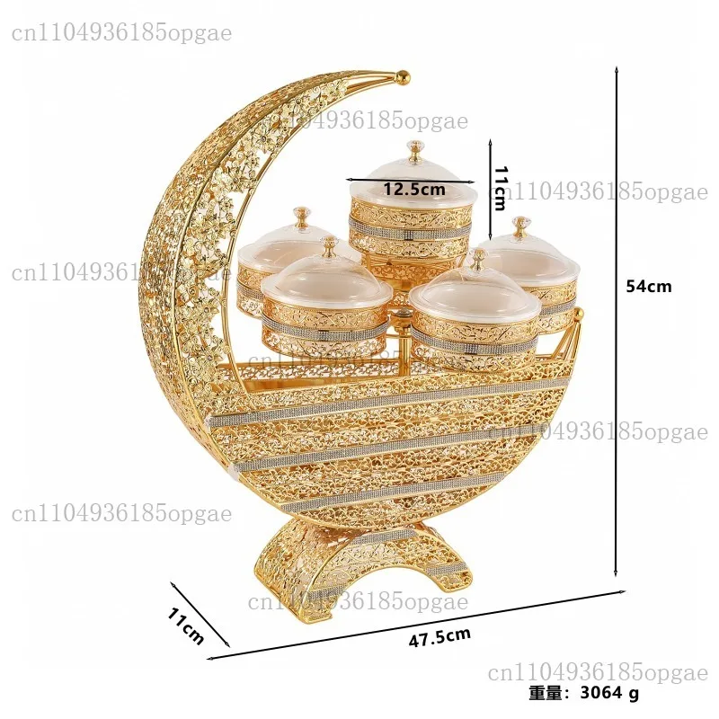 European-style golden five-grid exquisite fruit box, light luxury high-end moon shape with cover, dust-proof snack plate dried