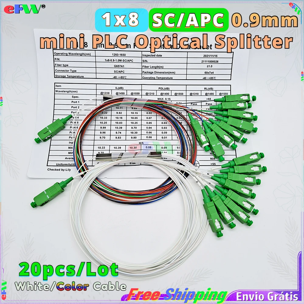 

20pcs mini 1x8 SC/APC Fiber Optic Splitter 0.9mm PLC APC Splitters mix color fiber FTTH 1*8 SC Coupler 1-8 Splitter Frete gratis