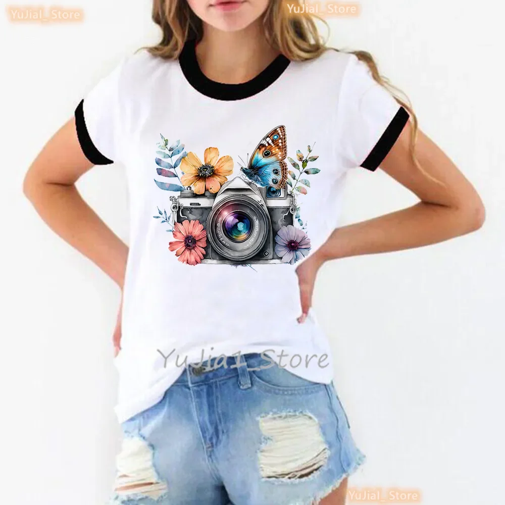 Vintage Tshirt women Watercolor Camera Butterfly Flowers Print T Shirt Women'S Clothing Summer Tops Fashion T-Shirt Female Tops