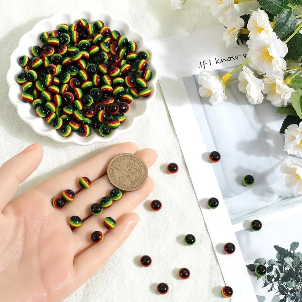 200Pcs Jamaica Beads Striped Bead Bulk 8mm Black Red Green Yellow Resin Round African Reggae Style Mini Loose Spacer kit image 3