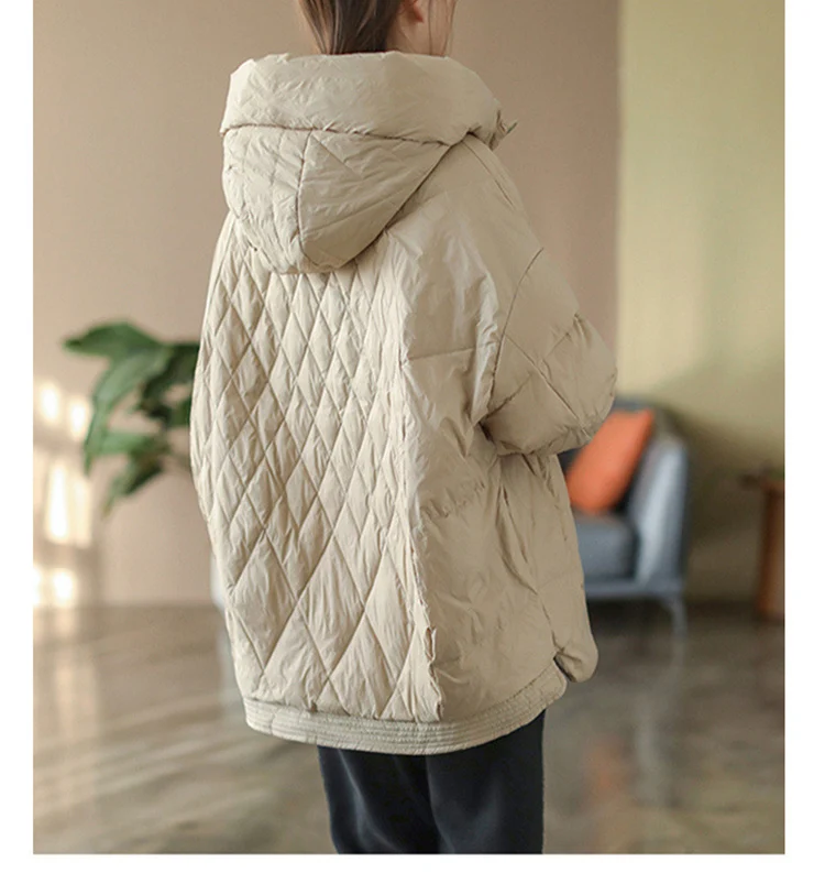 Schinteon Women Light White Duck Down Jacket Casual Loose Over Size Autumn Winter Outwear with Hood Coat 2024 New