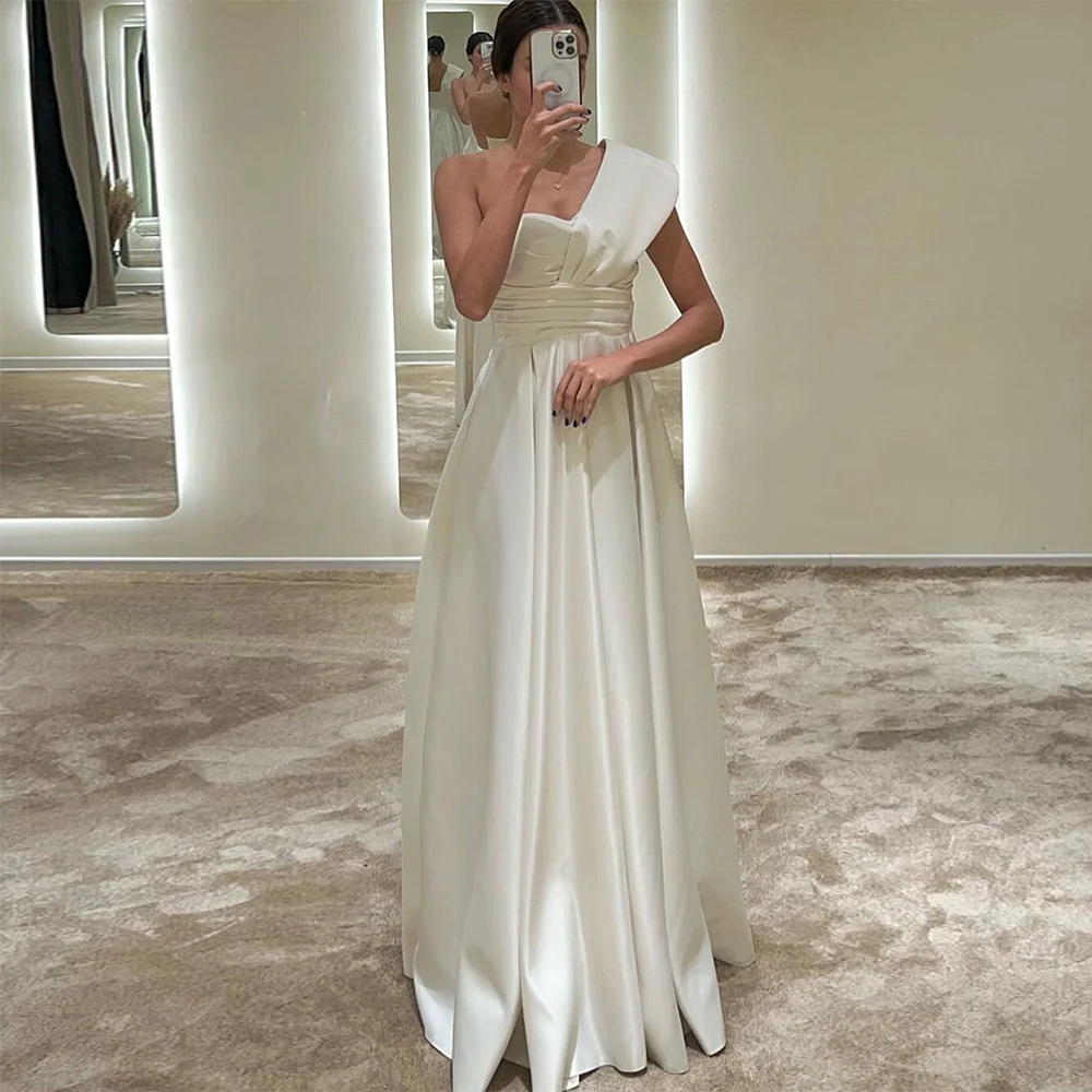 

Exquisite Wedding Party Dresses Satin A-line Engagement Dress Ivory One-shoulder Pleat Ruched Formal Bridal Gown Long 2025