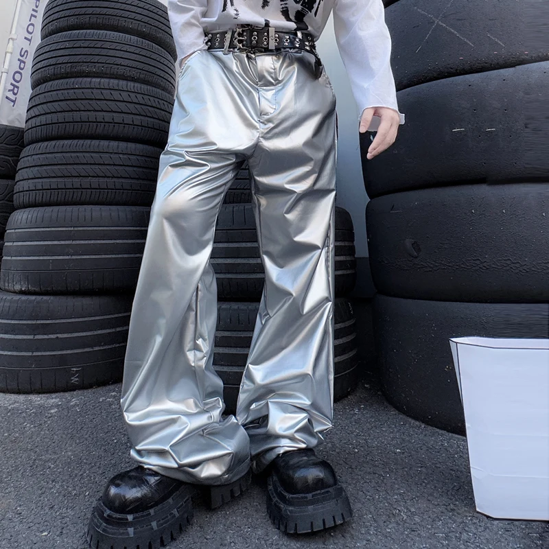 

Metallic Silver Streetwear Pants Hip Hop Faion Performance Stage Outfit Leather Trousers Slim Fit Polyester Fiber Casual Pants