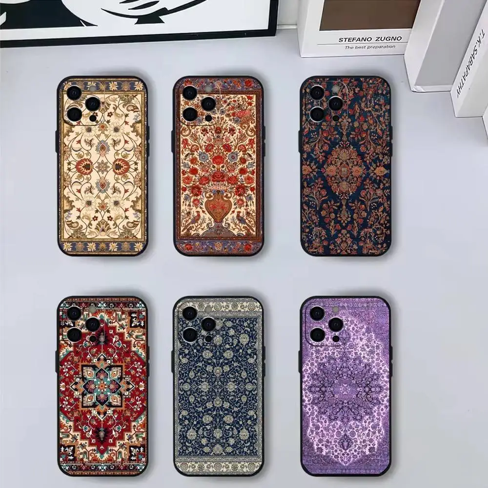

Persian Carpet Phone Case For iPhone17,16,15,14,13,12,11 Plus,Pro Max Soft Black Cover