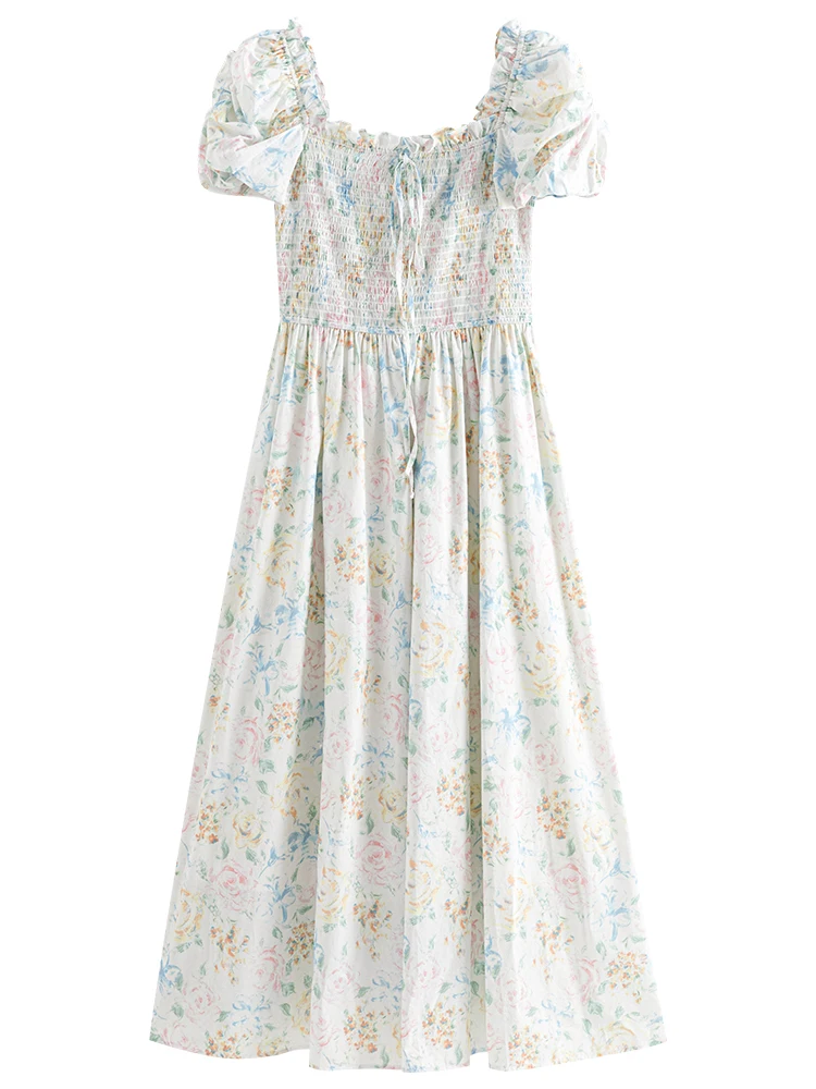 FSLE French Style Square Neck Romantic Floral Dress 2024 Summer New Ladies All-match Casual Long Dress 24FS12525