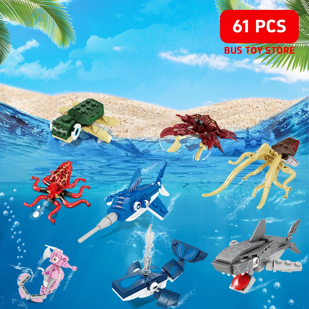 8 soorten Ocean World Series Mini Model Bouwstenen Schildpad Haai Blauwe Walvis Montage Bricks Speelgoed voor kind Kerstcadeaus