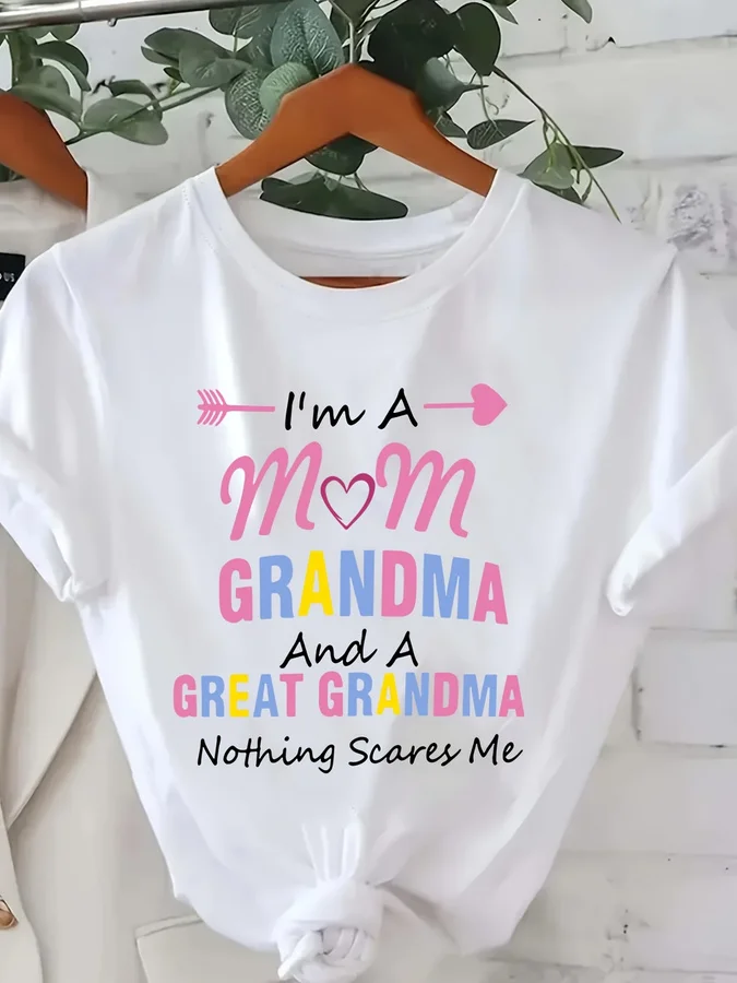 Women Casual Crew Neck T-shirt Graphic Print Top Featuring the Design I Am a Mother Grandmother and Great grandmother Vibrant