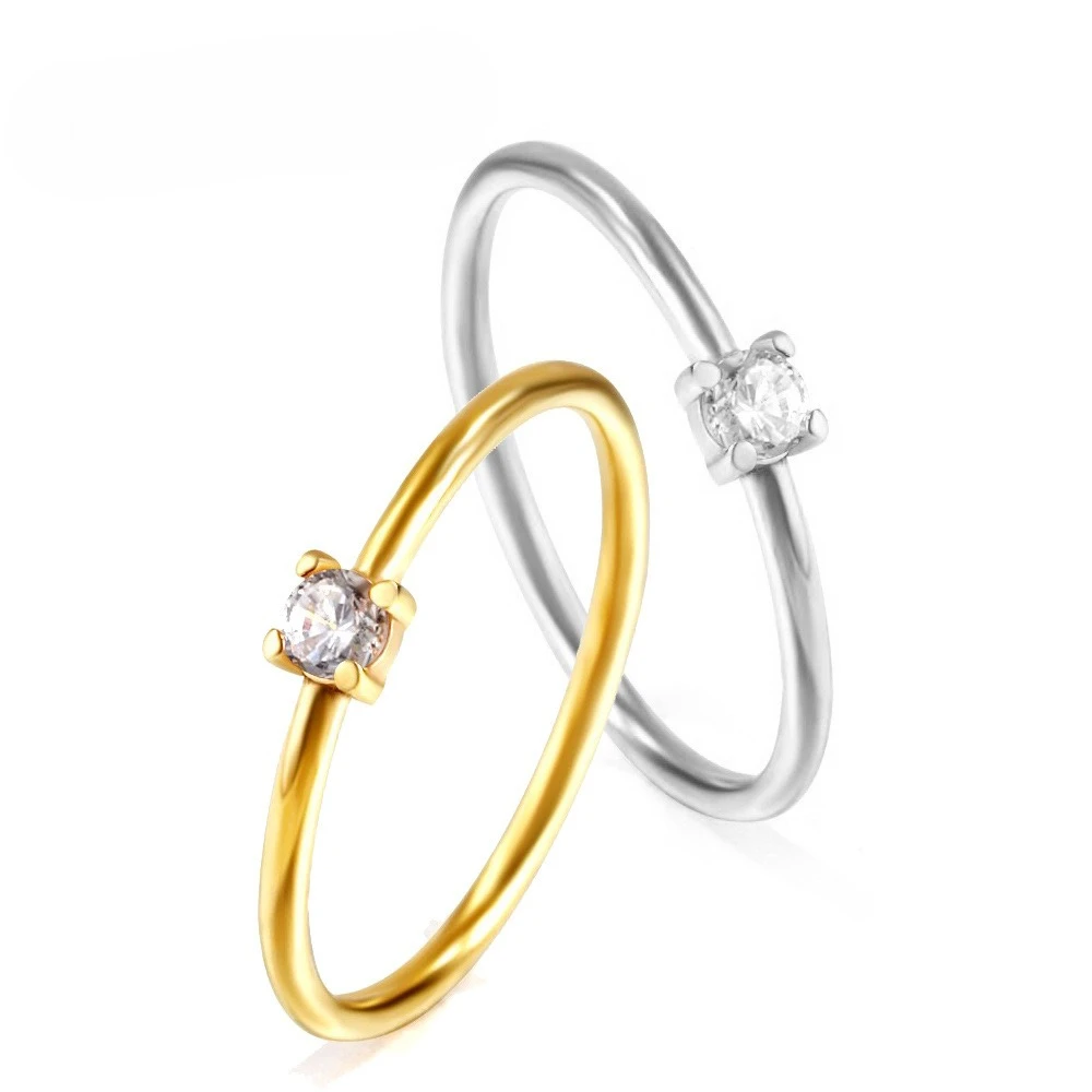 2mm Stainless Steel Shinny Zircon Thin Ring for Women Gold Plated Jewelry