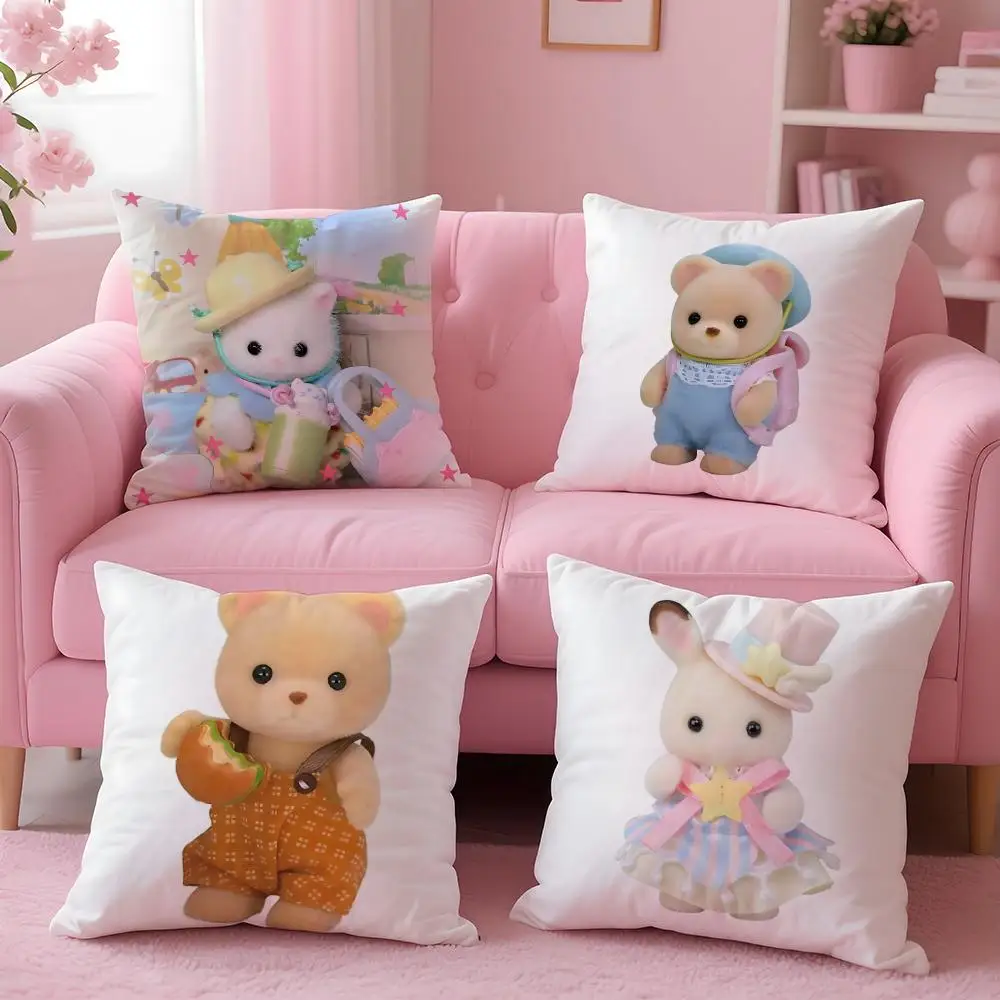 S-SylvanianS F-Families Linda funda de cojín de tela de felpa suave con estampado de doble cara sofá cálido invierno regalo para el hogar funda de almohada