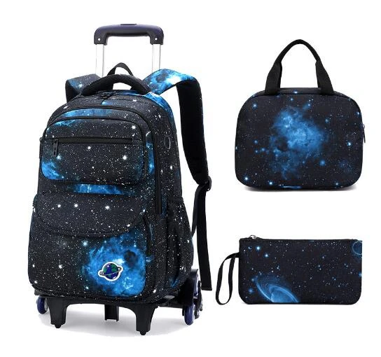 Primary Middle Schoolbag Rolling Backpack Set 3 in 1 Elementary Boys Trolley Bookbag with Six Wheels School trolley bag lunchbag