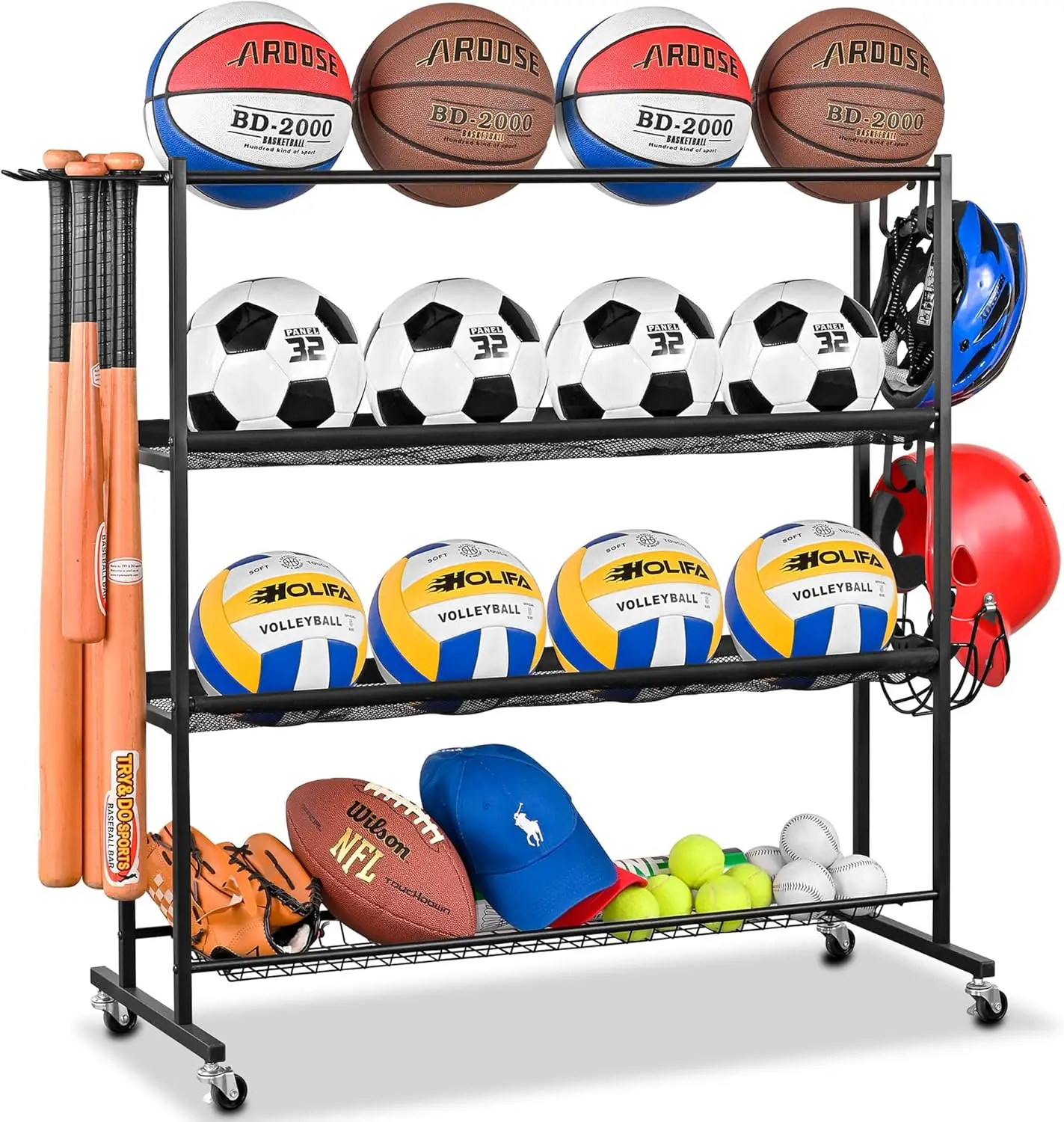 

Rolling Ball Rack with Removable Mesh for Basketball, Soccer, Football Storage and Baseball Bat Holder