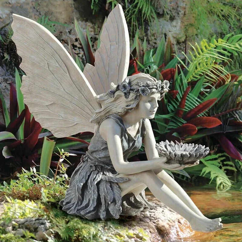 European Style Angel Girl Bird Feeder Sunflower Flower Fairy Garden Standing Craft Ornaments Exquisite Resin Lawn Decoration