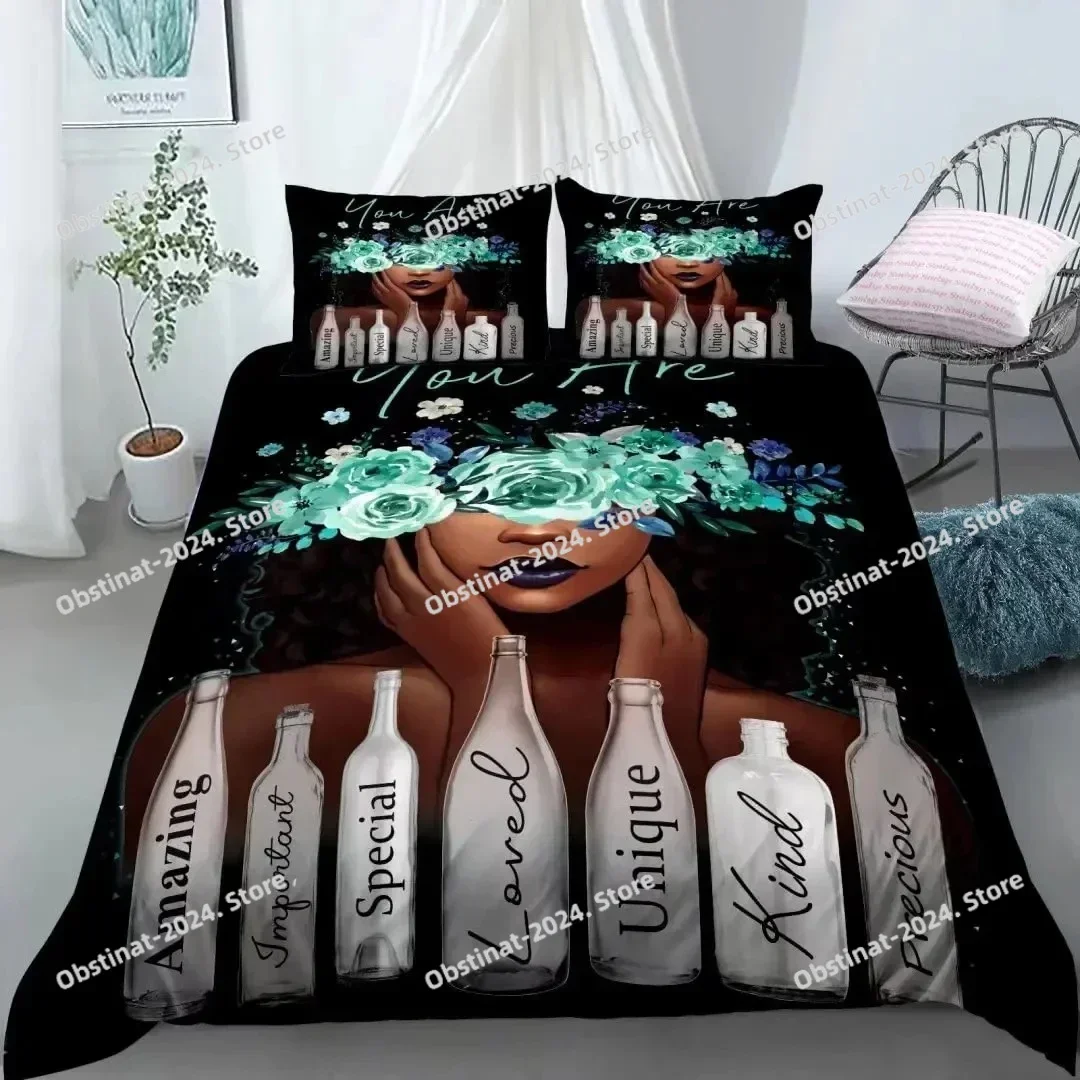 

2025 American Black Girl Duvet Cover Set,Black Girl Magic Bedding Set Full Size,Cute Little Afro Black Princess Comforter Cover
