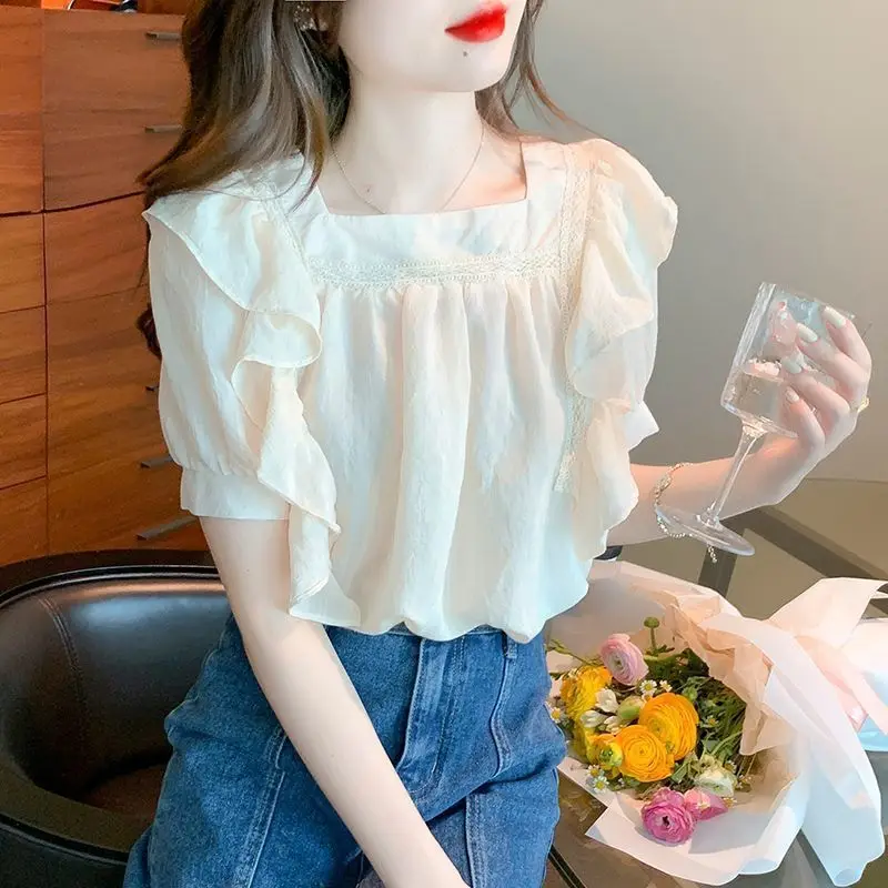 

Элегантная шифоновая рубашка с коротким рукавом для женщин, красивая модная блузка с французским воротником, уникальный стильный летний топ, новинка TT1498