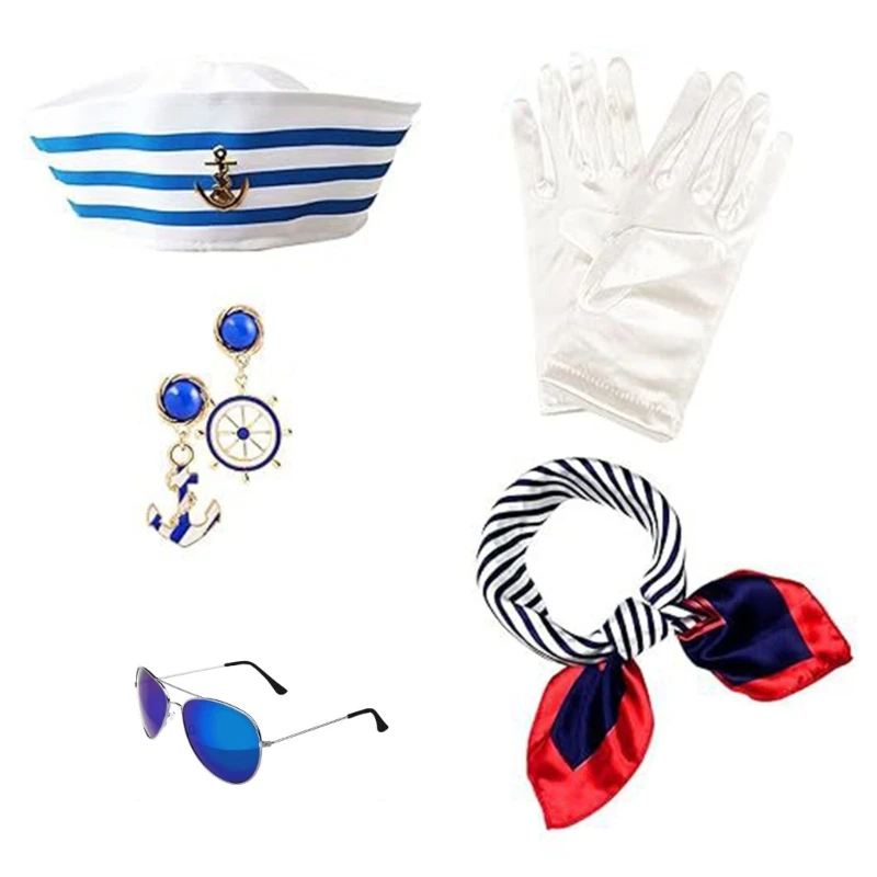 Conjunto de gorro de marinero para adolescentes, conjunto de gorro de capitán marino con pañuelo para el cuello, pendientes, guantes y gafas de sol, suministros de Cosplay de Carnaval