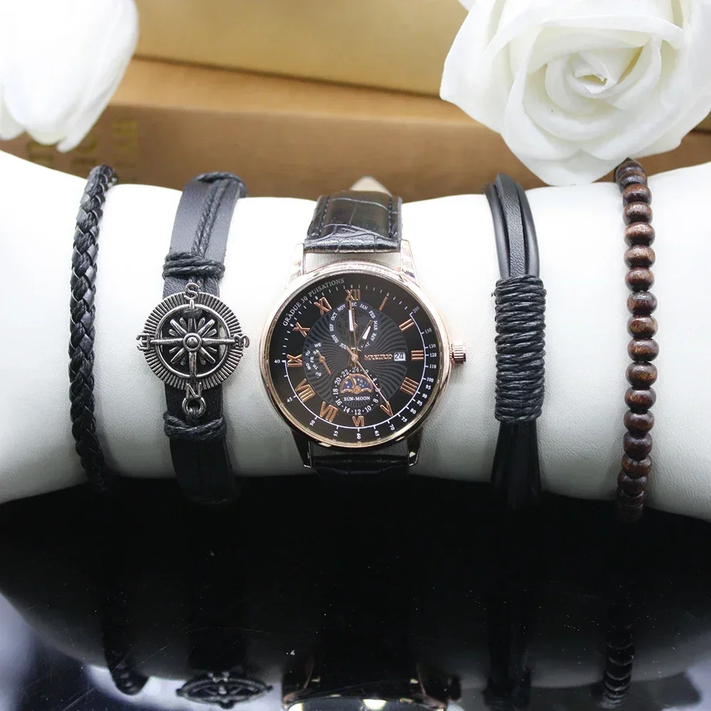 นาฬิกาโครงกระดูกสำหรับผู้ชาย5ชิ้นประกอบด้วยกล่องสร้อยข้อมือนาฬิกาควอตซ์หรูหราของผู้ชายคลาสสิกดั้งเดิมสำหรับตกแต่ง