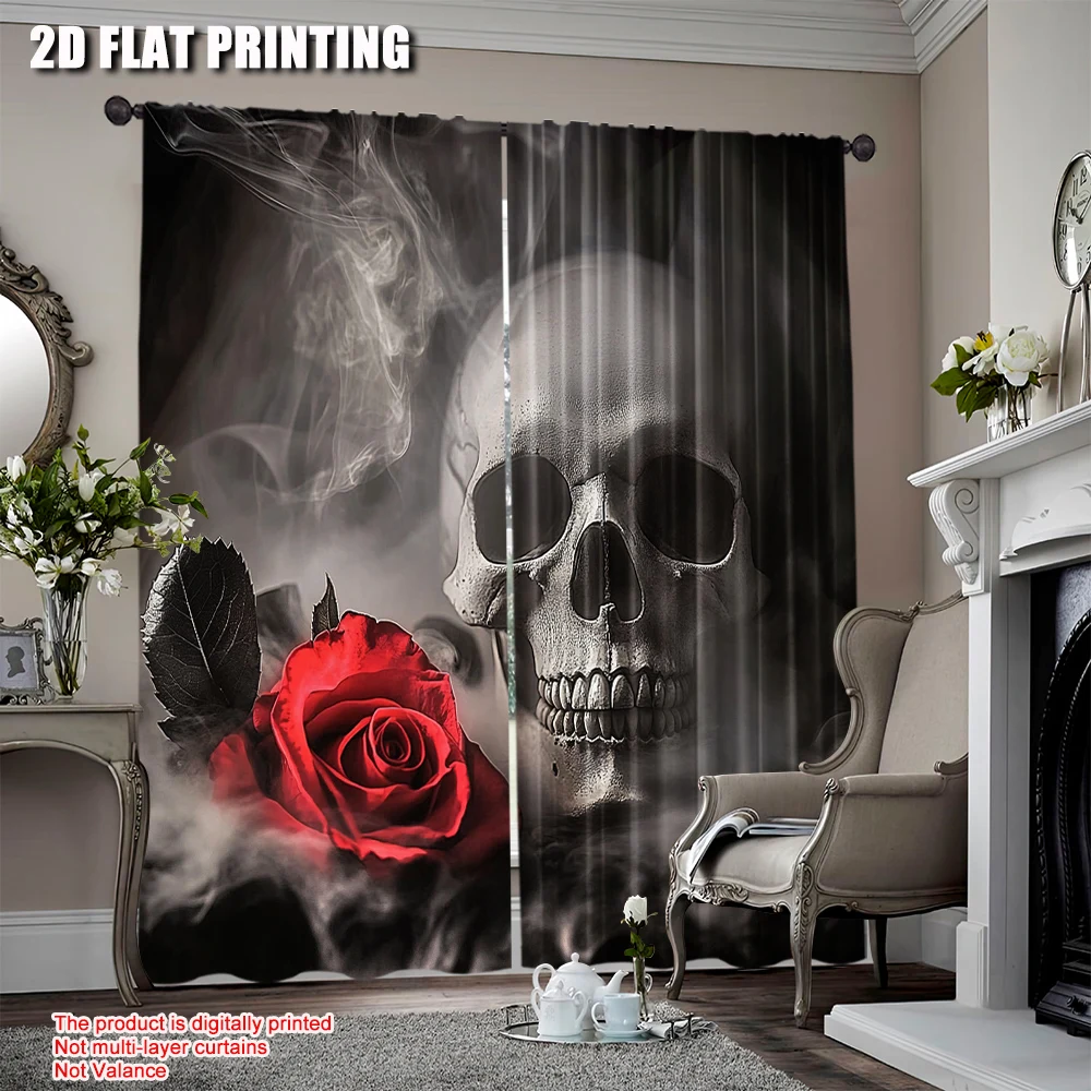 

2Pcs Sugar Skull Adult Curtain For Lover Sweetheart Roses Curtains Halloween Curtain Suitable For Living Room Dining Room