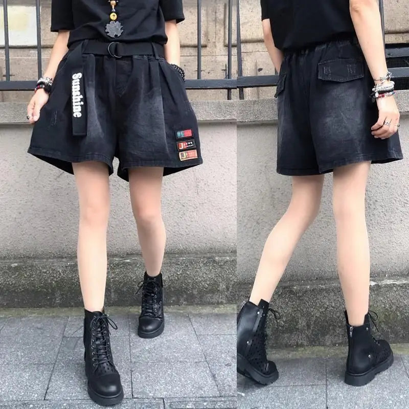 2024 Summer New Women's Elasticized High-waisted Korean Loose Distressed Washed Thin Pockets Wide Leg Jeans Casual Denim Shorts