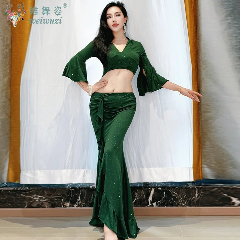 Ensemble de costumes de danse du ventre pour femmes, haut à demi-manches en soie glacée + jupe longue en gaze, ensemble d'entraînement 2 pièces, tenue de danse du ventre orientale