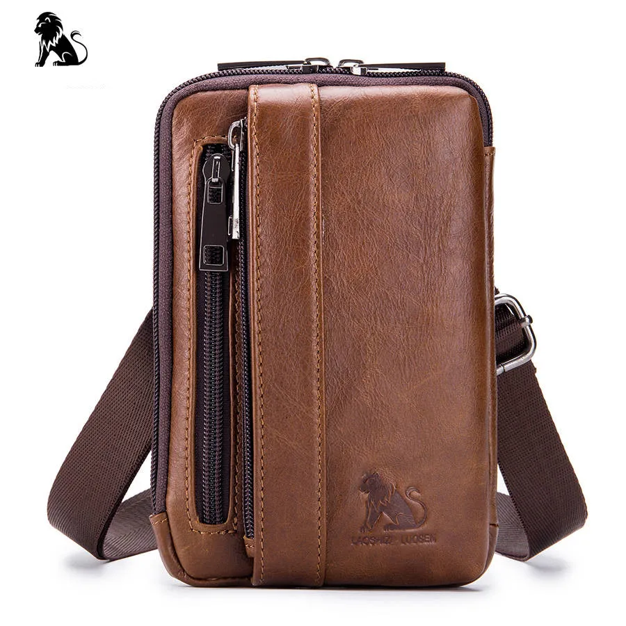 Riñonera de cuero genuino para hombre, Bolso pequeño de hombro, bandolera para teléfono, tarjetero, funda para cigarrillos y llaves