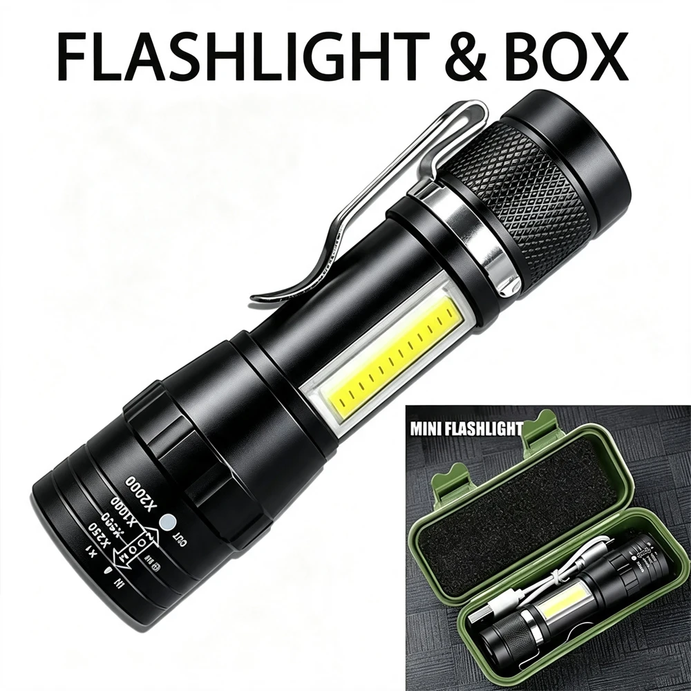 Powerful Mini LED COB Flashlight USB Rechargeable Zoomable Torch with Pen Clip Outdoor Camping Emergency Portable Flashlight