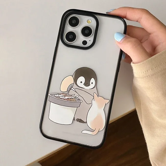 Funda de teléfono con borde negro acrílico para IPhone, carcasa bonita de pingüino de dibujos animados, 2,0, 11, 12, 13, 14, 15, 16 Pro Max