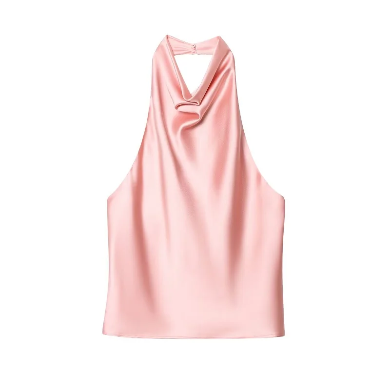

2025 Halter Tops for Women Black Satin Backless Top Female Pink Summer Beach Top Woman Off Shoulder Camisole Top Women
