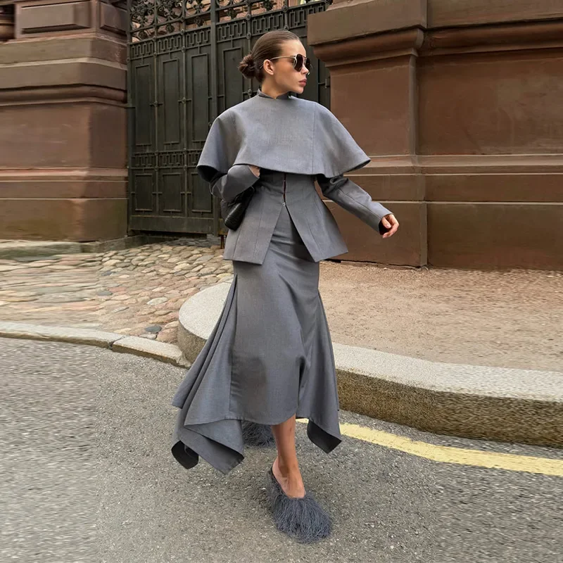 Schalkragen Elegantes Outfit Cape Damenanzug Asymmetrischer Meerjungfrauen-Dreiteiler Langer Rock Büro Damen Graue Anzüge 2026 Herbst – Detail 4