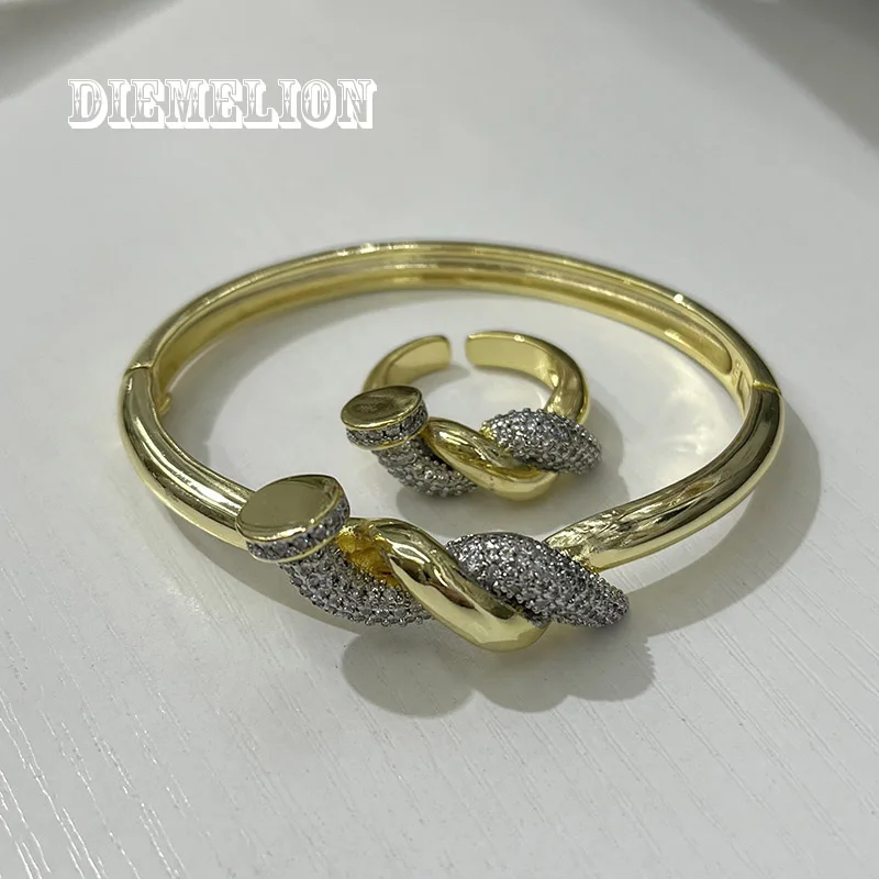 Trendy Two-tone Design Three-layer Zircon Nail Bracelet Ring Set for Women Punk Style CZ Bangle Charms Jewelry view 5