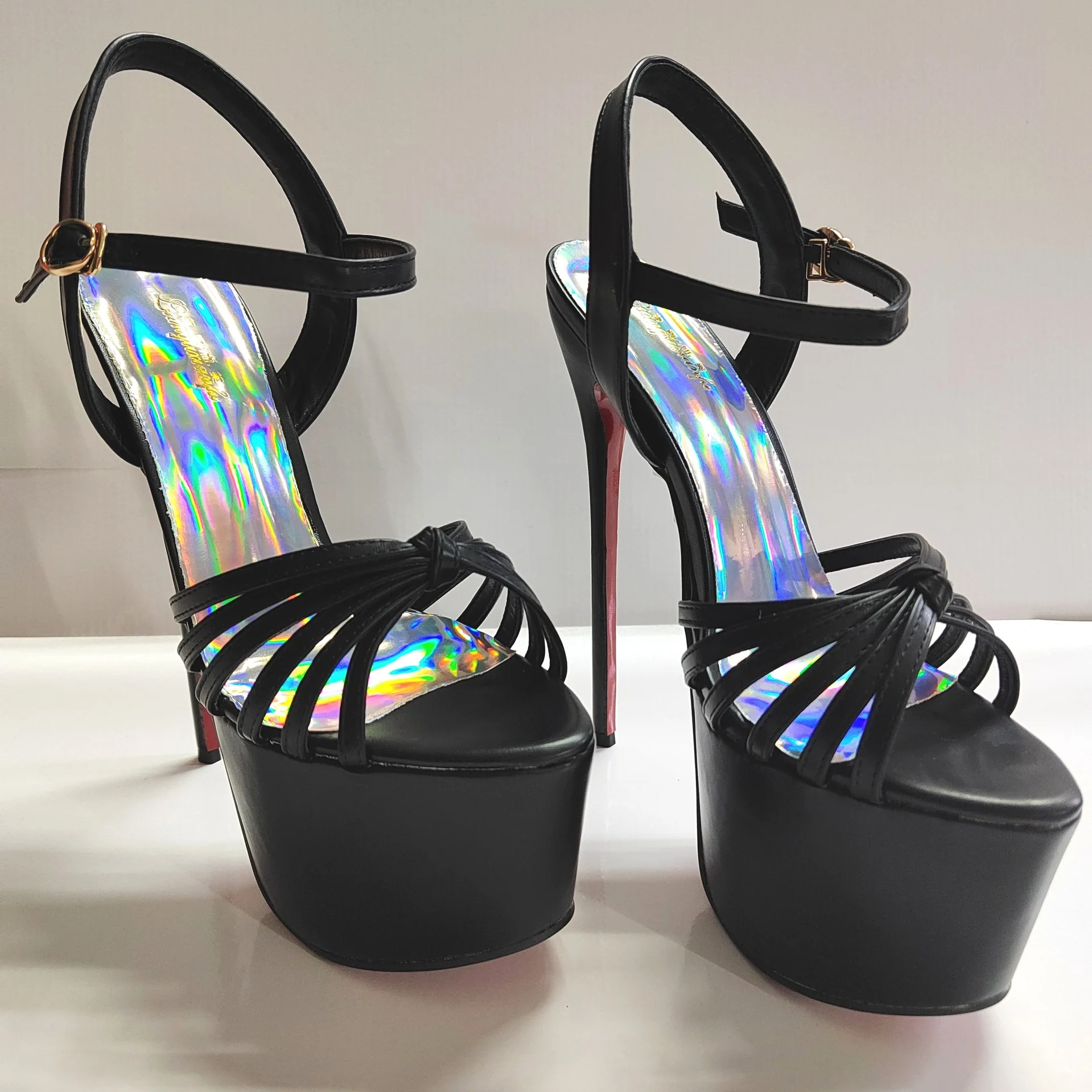 

Crossdresser Stilettos Sexy Shoes Woman19 22cm Ultra High Metal Thin Heel Sandals Peep Toe Platforms Ankle Strap Gladiator Pumps