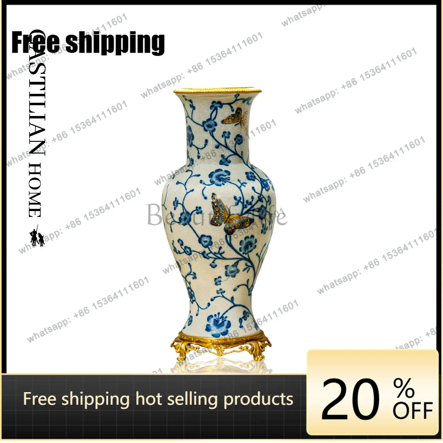 HOT New Chinese blue and white porcelain vase ornament living room high-end art decorative flower ornament 190A3