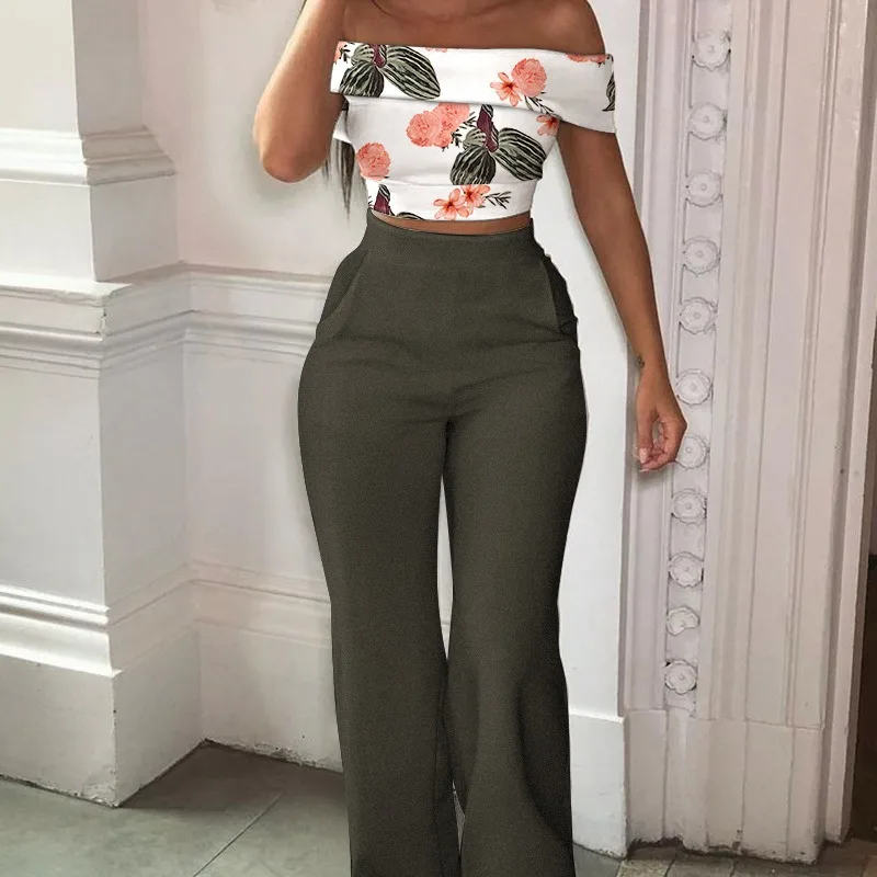 2022Printed Top Contrast Color Trousers Suit