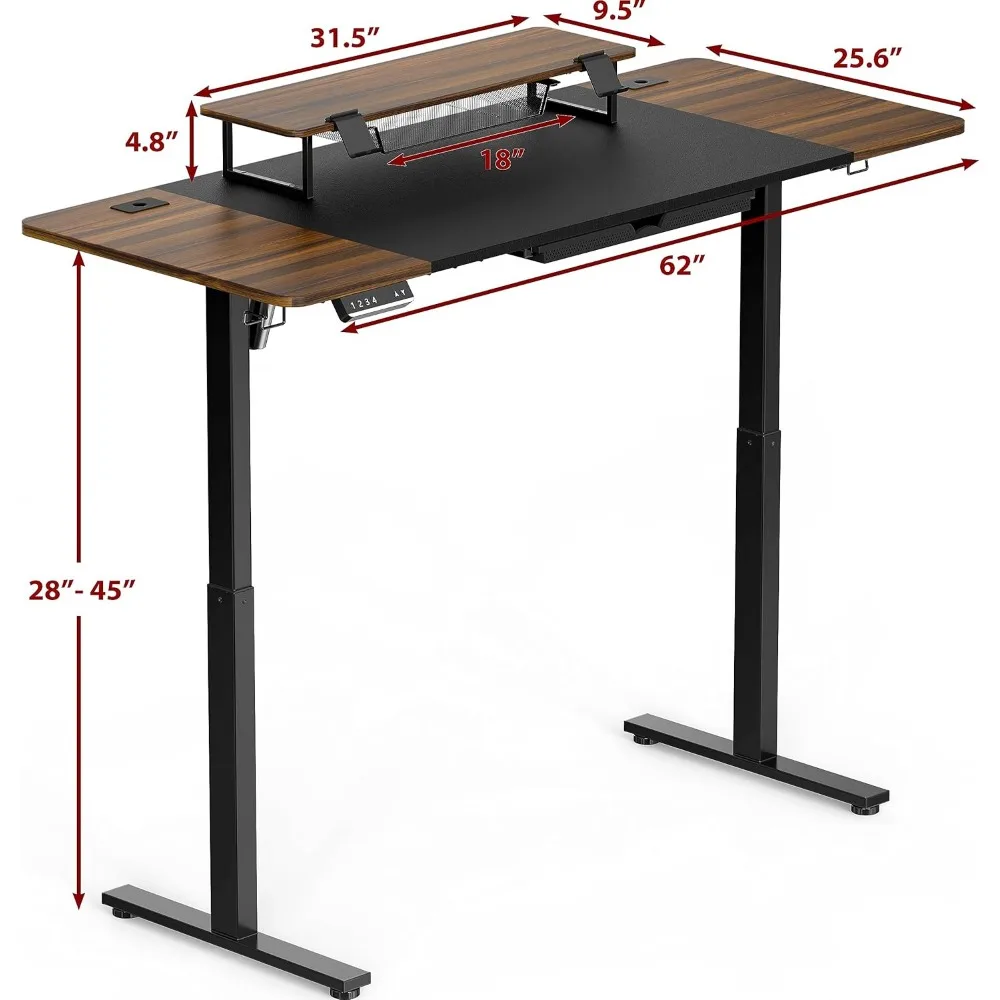 62-Inch Extra Large Electric Height Adjustable Standing Desk with Monitor Riser and Drawer, 62 x 28 Inches, Walnut