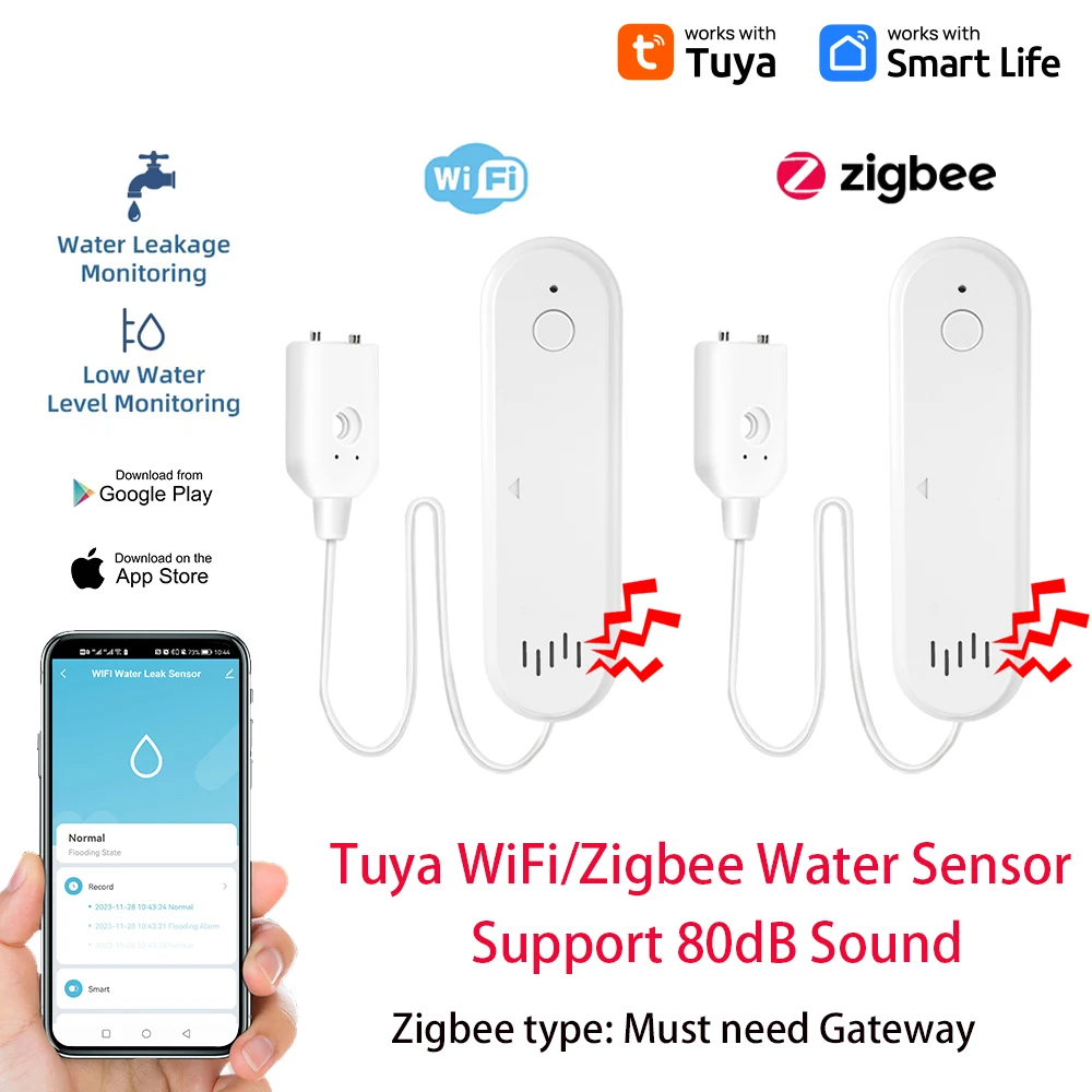 Датчик утечки воды Tuya Wi-Fi/Zigbee, умный спасательный датчик, внешний звук 80 дБ, уведомления, оповещения от приложения