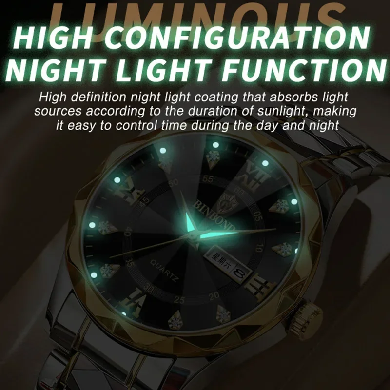 BINBOND мужские часы из нержавеющей стали, роскошные кварцевые часы высшего качества со скрытой застежкой, водонепроницаемые светящиеся спортивные наручные часы с датой недели