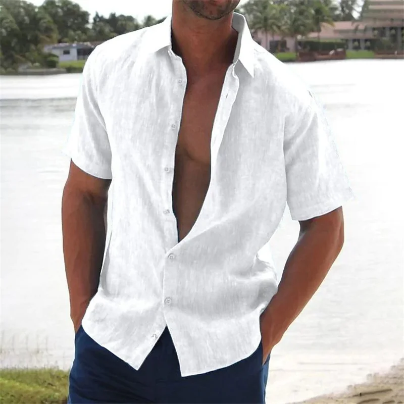 Cardigan en coton et lin à manches courtes pour hommes, chemise décontractée, chemise à revers, cardigan tricoté, mince, monochromatique, explosif, mode estivale, tendance, 2024