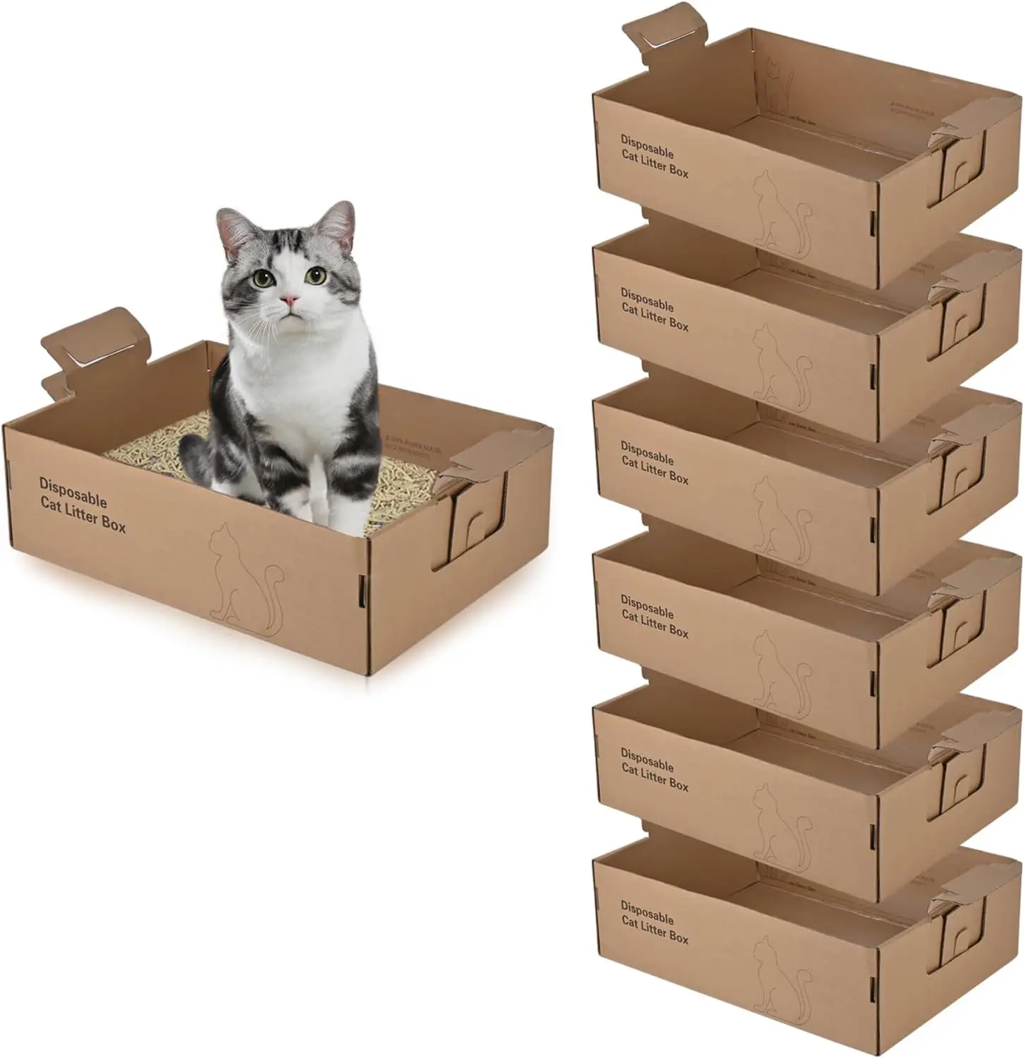 

6 Pack Disposable Litter Boxes for Cats, 17.4" x 12.3" x5.4" Large Cardboard Cat Litter Box, Extra Thick Portable Trave