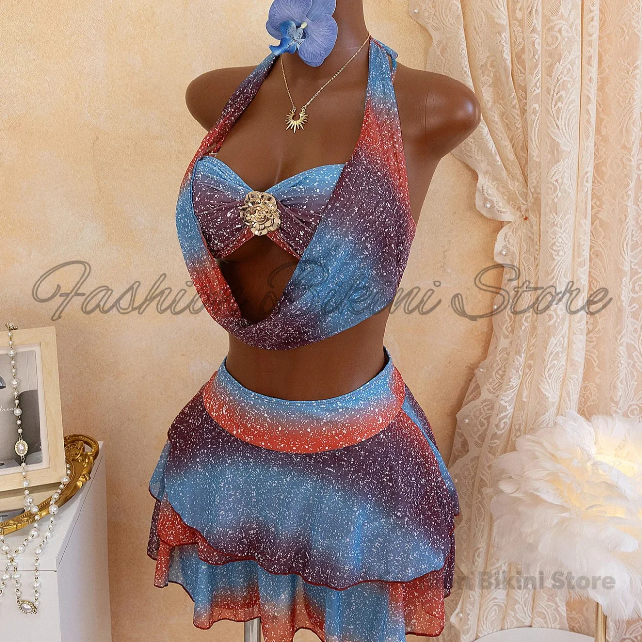 Sexy Blue Gradient Bikini Set 2026 Women Metal 3D Flower Push Up High Waist Pleate Skirt Swimsuit Holiday Bathing Suit Swimwear