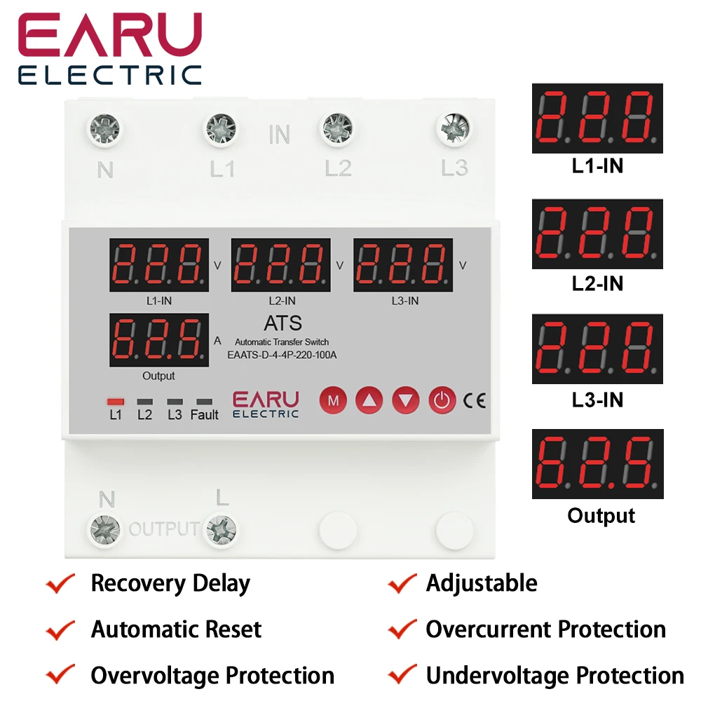 ATS Automatic Transfer Switch 100A 63A Over Current Limiter Adjustable Over And Under Voltage Time Lag Protection Uninterrupted