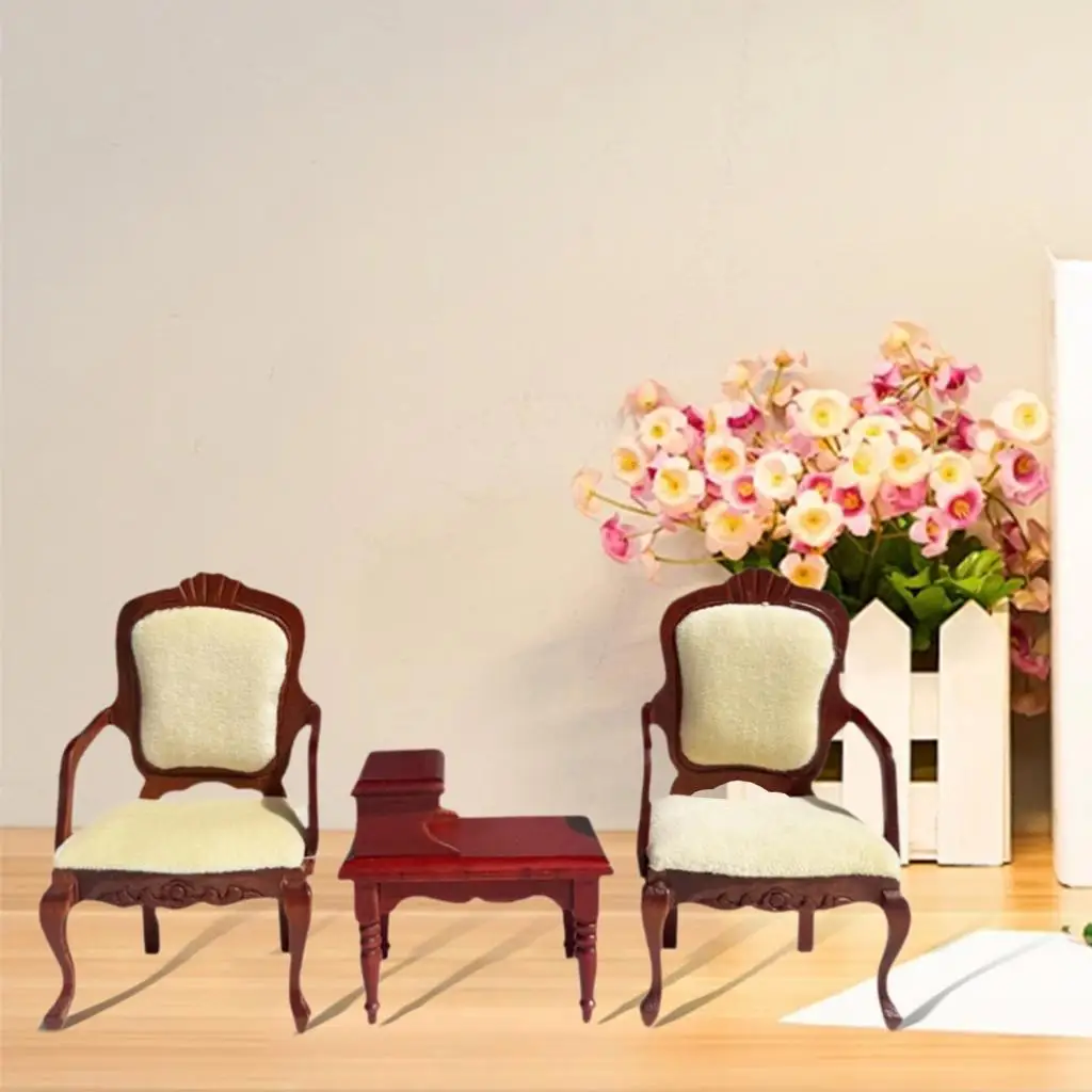 3Pcs 1/12 Dollhouse End Table Armchairs Model Mini Furniture Pretend Simulation