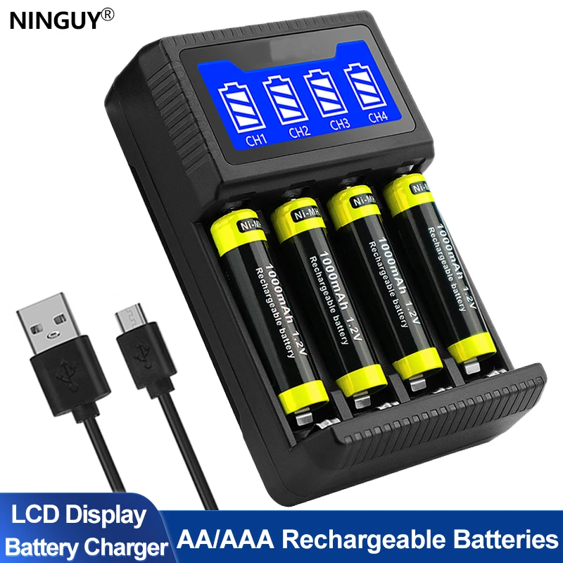 4 Slot AA AAA Battery Charger USB High Speed ​​Charging with LCD Display for 1.2V NiMH NiCD Rechargeable Batteries