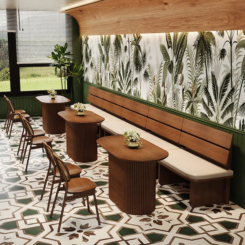 Custom Wall-Mounted Solid Wood Booth Dining Reception Table and Chairs for Milk Tea Shops and Cafes, Commercial Double Seater So