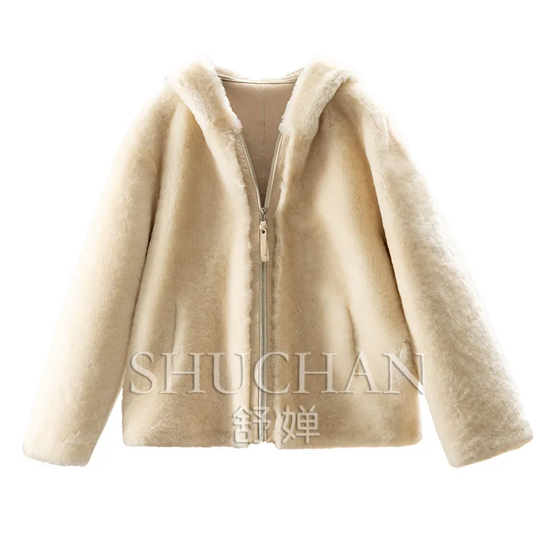 Warm Luxury Jacket Italian Merino Fur Integrated Hooded Fur Coat Jacket Women's 13I0 Casaco De Frio Feminino Inverno