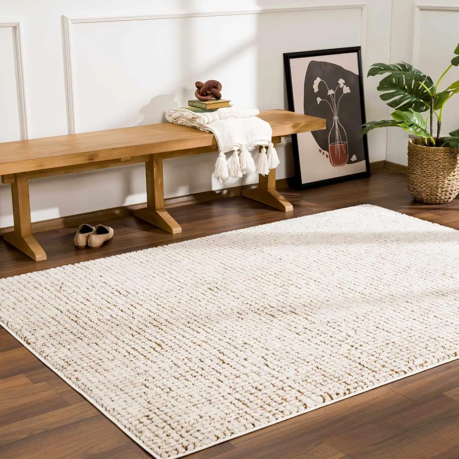 Living Room, Bedroom Area Rug - Modern Farmhouse Mosaic Carpet ，High Pile Cream, Brown 5'3