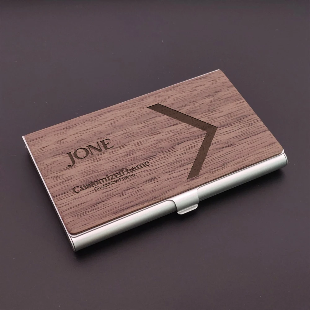 1 portable wooden splicing aluminum alloy business card box, laser engraved custom Christmas customer gift, opening and closing