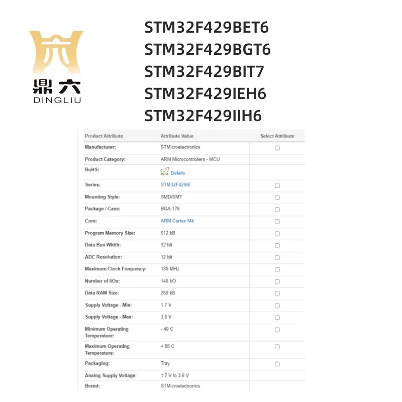 STM32F429BET6 STM32F429BGT6 STM32F429BIT7 STM32F429IEH6 STM32F429IIH6  Microcontrollers BGA-176