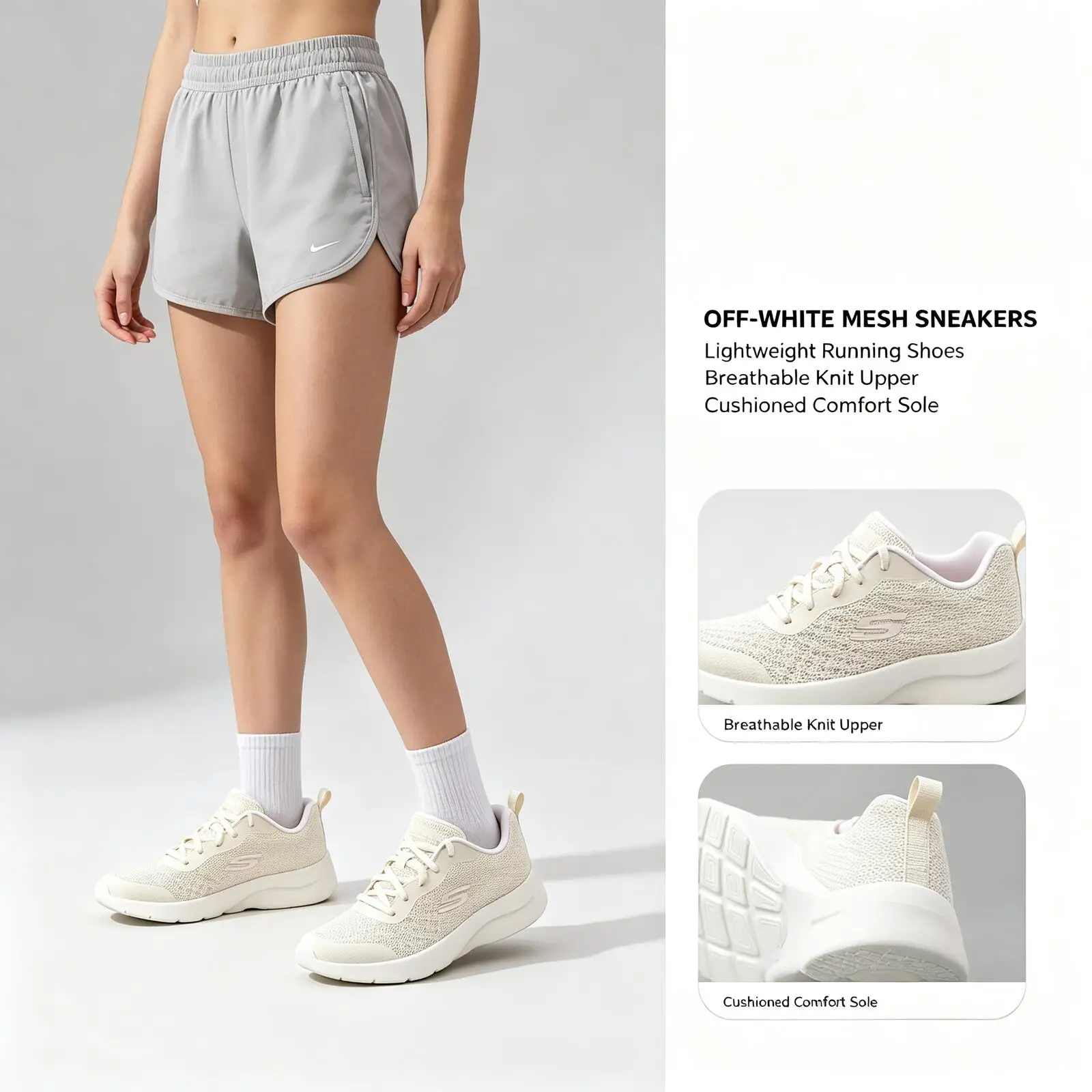 Hot New Skechers Off-White Mesh Running Sneakers Lightweight Breathable Knit Upper Cushioned Sole Casual Sport Shoes
