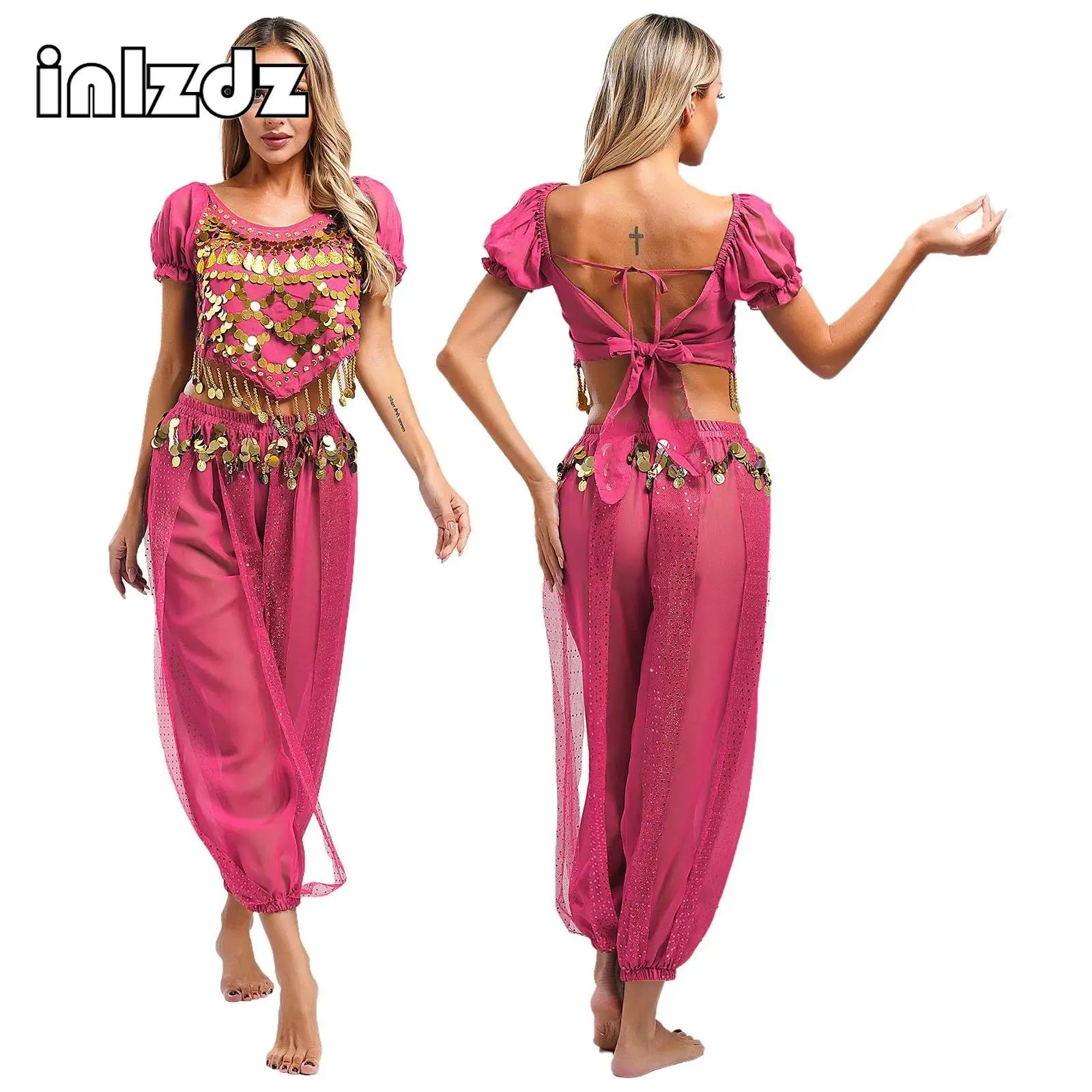 

Halloween Festival Belly Dance Costume for Women Teen Girls Arabian Cosplay Princess Set Indian Bollywood Veil Top Pants Set