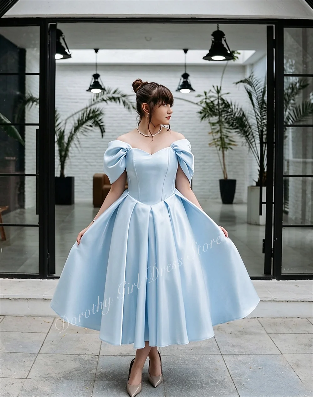 Light Ice Blue Satin Flower Girl Dress with Off-shoulder Design Elegant First Communion Birthday Parties Suitable for Princesses