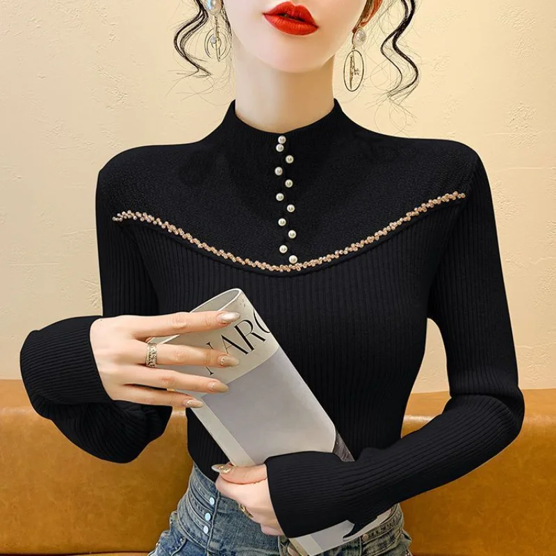 

Осень и зима, новый стиль, приталенный свитер с длинными рукавами и бисером, 2025, водолазка для похудения, вязаный топ